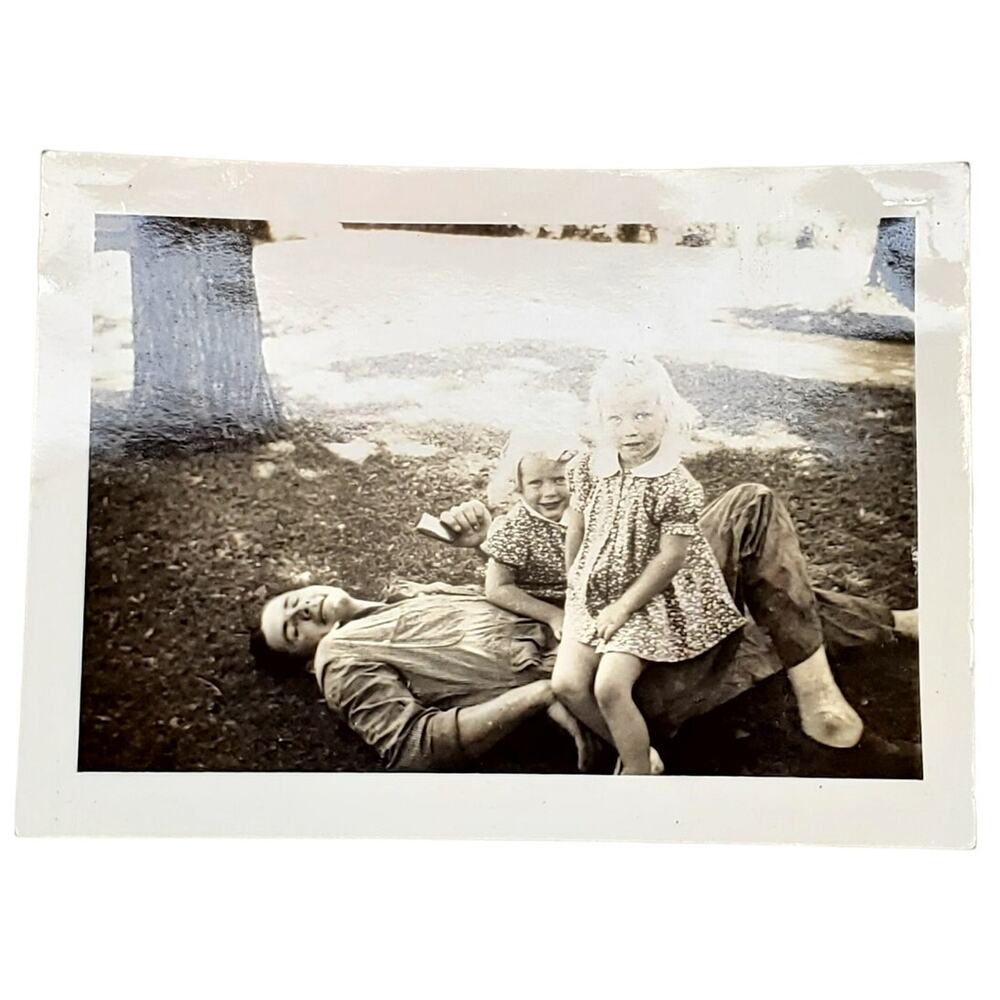 Vtg Father Laying in Grass with Daughters Original Monochrome Photography Found